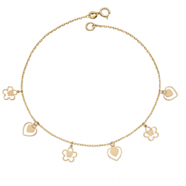 New Heart And Flower Charm Bracelet In Yellow Gold